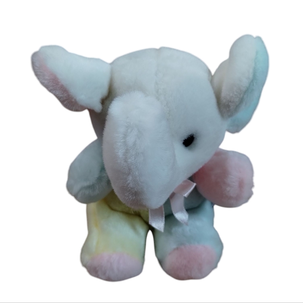A & A Plush Pastel Elephant 1992 Rattle Bow Lovey Pink Yellow Stuffed Animal 7"